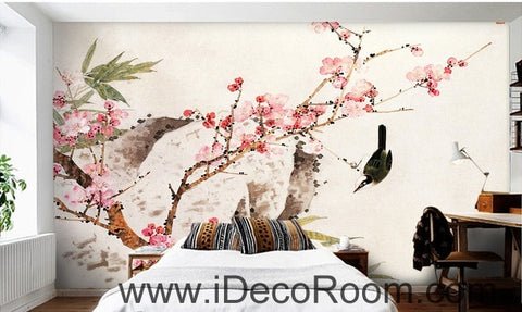 Image of Retro beautiful pink peach tree branches on the bird magpie oil painting effect wall art wall decor mural wallpaper wall IDCWP-000223