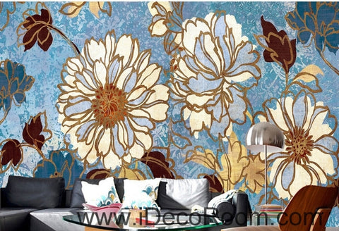 Image of Beautiful fresh blue sky abstract flowers peony oil painting effect wall art wall decor mural wallpaper wall IDCWP-000226