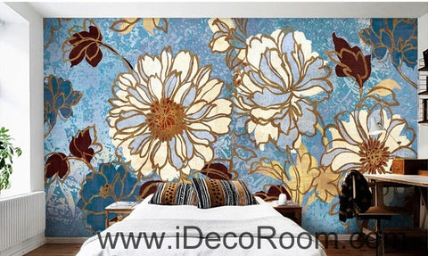 Image of Beautiful fresh blue sky abstract flowers peony oil painting effect wall art wall decor mural wallpaper wall IDCWP-000226