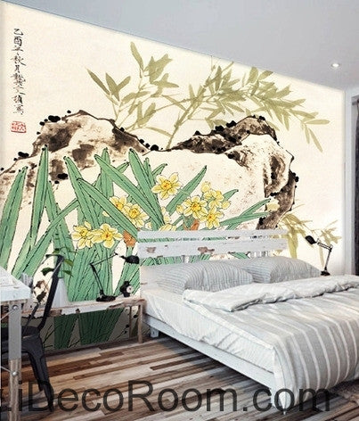Image of Retro rockery leaves bamboo forest flowers landscape oil painting effect wall art wall decor mural wallpaper wall IDCWP-000229