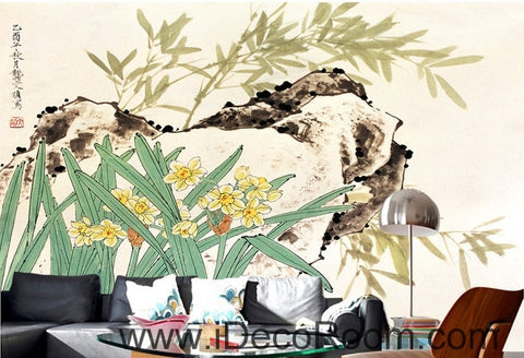 Image of Retro rockery leaves bamboo forest flowers landscape oil painting effect wall art wall decor mural wallpaper wall IDCWP-000229