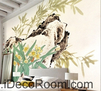 Image of Retro rockery leaves bamboo forest flowers landscape oil painting effect wall art wall decor mural wallpaper wall IDCWP-000229