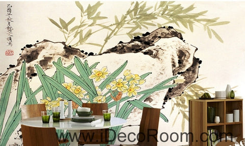 Image of Retro rockery leaves bamboo forest flowers landscape oil painting effect wall art wall decor mural wallpaper wall IDCWP-000229