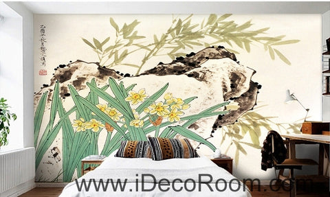 Image of Retro rockery leaves bamboo forest flowers landscape oil painting effect wall art wall decor mural wallpaper wall IDCWP-000229