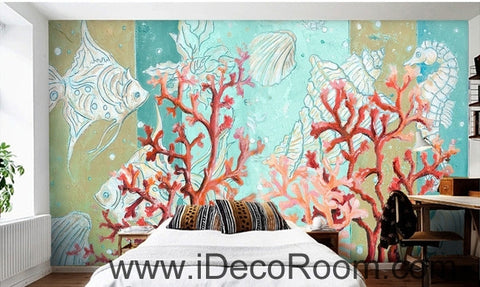 Image of Aesthetic Dreams Blue Underground World Coral Tropical Fish oil painting effect wall art wall decor mural wallpaper wall IDCWP-000231