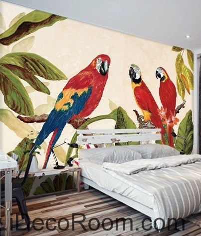 Image of Beautiful dream tree branches on the red three parrot oil painting effect wall art wall decor mural wallpaper wall IDCWP-000233