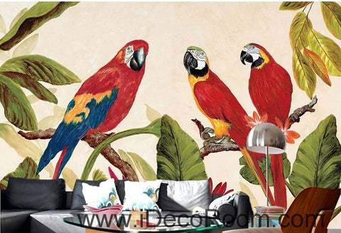 Image of Beautiful dream tree branches on the red three parrot oil painting effect wall art wall decor mural wallpaper wall IDCWP-000233