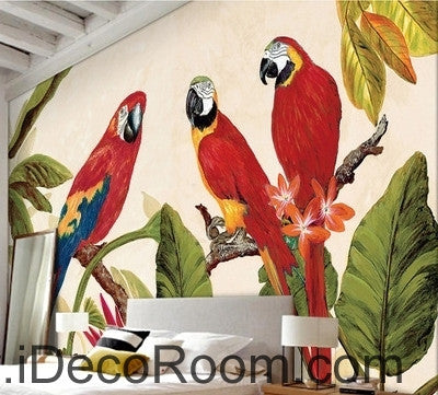 Image of Beautiful dream tree branches on the red three parrot oil painting effect wall art wall decor mural wallpaper wall IDCWP-000233