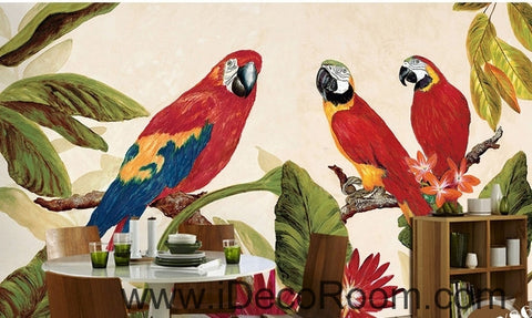 Image of Beautiful dream tree branches on the red three parrot oil painting effect wall art wall decor mural wallpaper wall IDCWP-000233