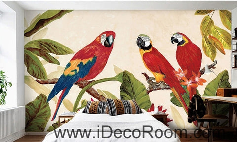 Image of Beautiful dream tree branches on the red three parrot oil painting effect wall art wall decor mural wallpaper wall IDCWP-000233