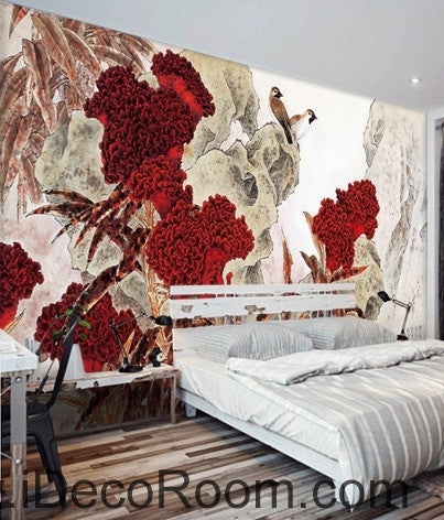 Image of Retro Hongyan a piece of cockscomb flowers on the magpie bird oil painting effect wall art wall decor mural wallpaper wall IDCWP-000235