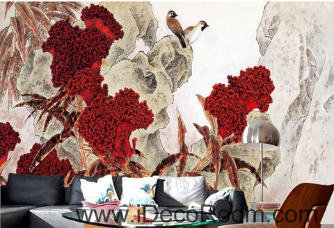 Image of Retro Hongyan a piece of cockscomb flowers on the magpie bird oil painting effect wall art wall decor mural wallpaper wall IDCWP-000235