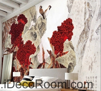 Image of Retro Hongyan a piece of cockscomb flowers on the magpie bird oil painting effect wall art wall decor mural wallpaper wall IDCWP-000235