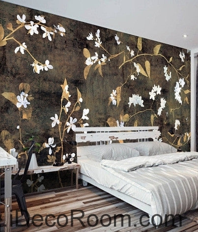 Image of Retro black background pattern small floral painting wall art wall decor mural wallpaper wall IDCWP-000236