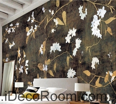 Image of Retro black background pattern small floral painting wall art wall decor mural wallpaper wall IDCWP-000236