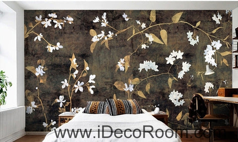 Image of Retro black background pattern small floral painting wall art wall decor mural wallpaper wall IDCWP-000236