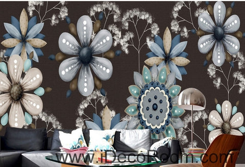 Image of Retro Black Background Flower Small Round Flower oil painting effect wall art wall decor mural wallpaper wall IDCWP-000239