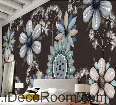 Image of Retro Black Background Flower Small Round Flower oil painting effect wall art wall decor mural wallpaper wall IDCWP-000239