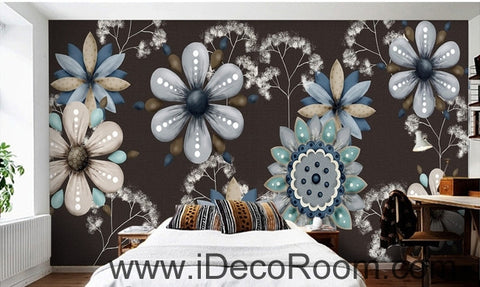 Image of Retro Black Background Flower Small Round Flower oil painting effect wall art wall decor mural wallpaper wall IDCWP-000239