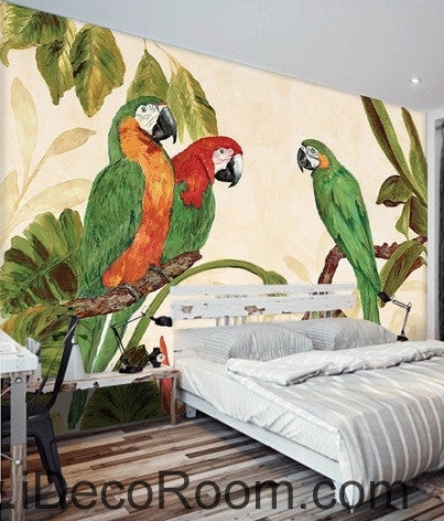 Image of Pastoral Retro Tropical Rainforest Three Parrot oil painting effects wall art wall decor mural wallpaper wall s IDCWP-000240