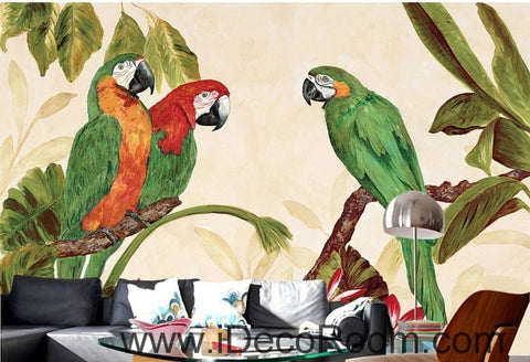 Image of Pastoral Retro Tropical Rainforest Three Parrot oil painting effects wall art wall decor mural wallpaper wall s IDCWP-000240