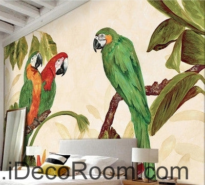 Image of Pastoral Retro Tropical Rainforest Three Parrot oil painting effects wall art wall decor mural wallpaper wall s IDCWP-000240