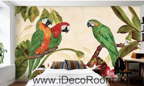 Image of Pastoral Retro Tropical Rainforest Three Parrot oil painting effects wall art wall decor mural wallpaper wall s IDCWP-000240