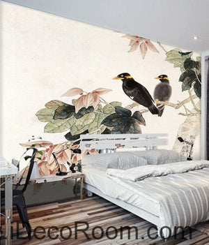 Retro Begonia Flower Tree on a pair of bird magpie oil painting effect wall art wall decor mural wallpaper wall  IDCWP-000242