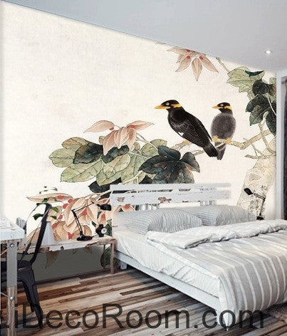 Image of Retro Begonia Flower Tree on a pair of bird magpie oil painting effect wall art wall decor mural wallpaper wall IDCWP-000242