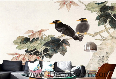 Image of Retro Begonia Flower Tree on a pair of bird magpie oil painting effect wall art wall decor mural wallpaper wall IDCWP-000242