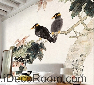 Image of Retro Begonia Flower Tree on a pair of bird magpie oil painting effect wall art wall decor mural wallpaper wall  IDCWP-000242