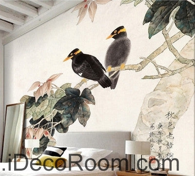 Image of Retro Begonia Flower Tree on a pair of bird magpie oil painting effect wall art wall decor mural wallpaper wall IDCWP-000242
