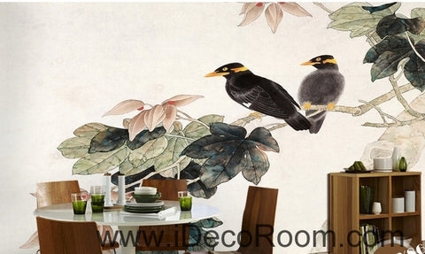 Image of Retro Begonia Flower Tree on a pair of bird magpie oil painting effect wall art wall decor mural wallpaper wall  IDCWP-000242