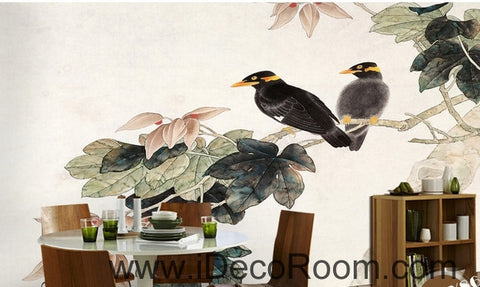 Image of Retro Begonia Flower Tree on a pair of bird magpie oil painting effect wall art wall decor mural wallpaper wall IDCWP-000242