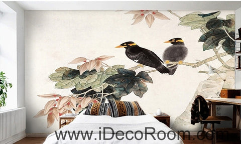 Image of Retro Begonia Flower Tree on a pair of bird magpie oil painting effect wall art wall decor mural wallpaper wall IDCWP-000242