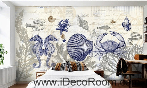Image of Fantastic fresh blue sea hippocampus crab coral wall art wall decor mural wallpaper wall paper IDCWP-000247