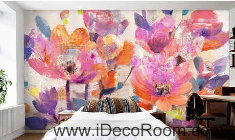 Image of Beautiful dream pink abstract blooming flowers poppy flower painting wall art wall decor mural wallpaper wall IDCWP-000257