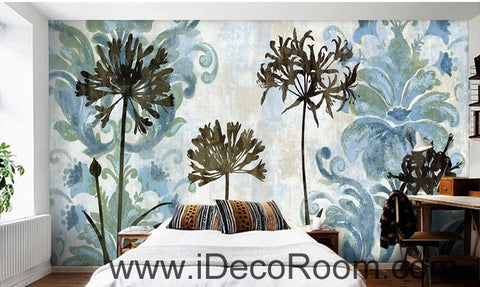 Image of A beautiful dream blue fresh pattern flower dandelion oil painting effect wall art wall decor mural wallpaper wall IDCWP-000258