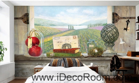 Image of European style retro pastoral scenery ranch flower sea windowsill book painting wall art wall decor mural wallpaper wall IDCWP-000259