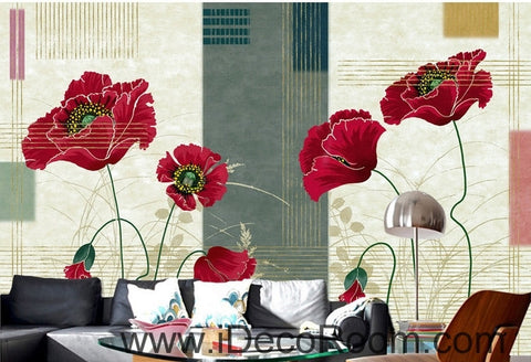 Image of Small fresh striped pattern blooming Hongyan poppy flower painting wall art wall decor mural wallpaper wall IDCWP-000261