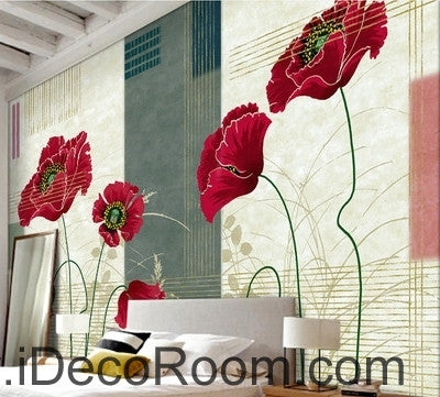 Image of Small fresh striped pattern blooming Hongyan poppy flower painting wall art wall decor mural wallpaper wall IDCWP-000261