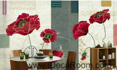 Image of Small fresh striped pattern blooming Hongyan poppy flower painting wall art wall decor mural wallpaper wall IDCWP-000261