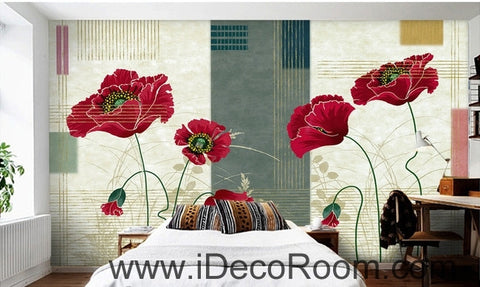 Image of Small fresh striped pattern blooming Hongyan poppy flower painting wall art wall decor mural wallpaper wall IDCWP-000261
