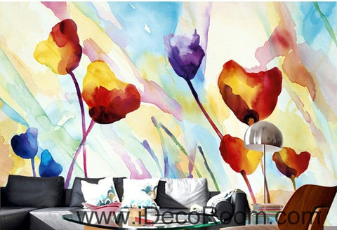 Image of Beautiful fantasy fresh abstract multicolored flowers blooming poppy flower wall art wall decor mural wallpaper wall IDCWP-000262