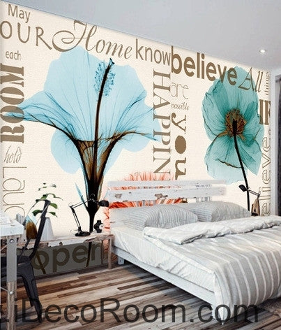 Image of Beautiful dream fresh and romantic blue lily poppy flowers transparent flowers wall art wall decor mural wallpaper wall IDCWP-000264