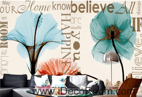 Image of Beautiful dream fresh and romantic blue lily poppy flowers transparent flowers wall art wall decor mural wallpaper wall IDCWP-000264