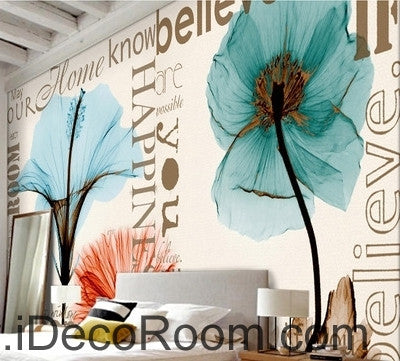 Image of Beautiful dream fresh and romantic blue lily poppy flowers transparent flowers wall art wall decor mural wallpaper wall IDCWP-000264
