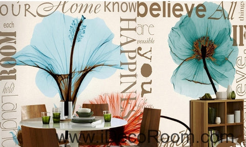 Image of Beautiful dream fresh and romantic blue lily poppy flowers transparent flowers wall art wall decor mural wallpaper wall IDCWP-000264