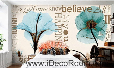 Image of Beautiful dream fresh and romantic blue lily poppy flowers transparent flowers wall art wall decor mural wallpaper wall IDCWP-000264