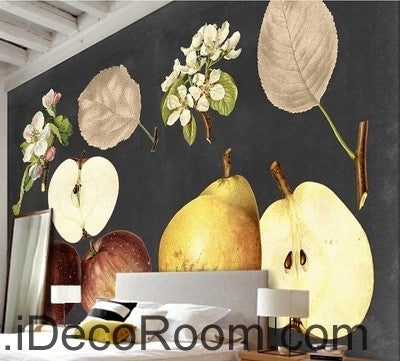 Image of Retro Black Fruit Apple Pear Apple Flower Pear Flower oil painting effect wall art wall decor mural wallpaper wall IDCWP-000267